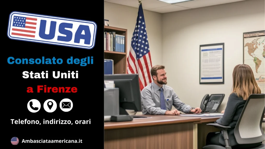 Ti forniamo tutte le informazioni sul Consolato degli Stati Uniti in Italia, dalla possibilità di sapere se esiste un'ambasciata americana a Firenze fino ai numeri di telefono, agli orari e all'indirizzo del Consolato degli Stati Uniti a Firenze, così da poter richiedere il tuo visto e viaggiare negli Stati Uniti.